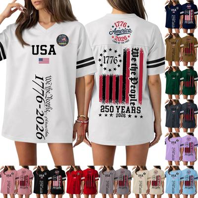Women's Casual V Neck Jersey Top Short Sleeve Sports Shirt 250th Anniversary Independence Day Graphic Print Loose Fit