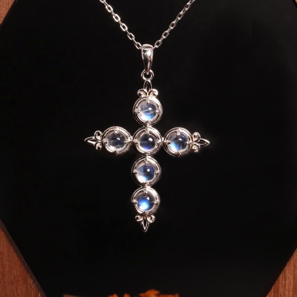Classic Elegant Natural Blue Moonstone Cross Pendant Necklace 925 Sterling Silver Fine Jewelry Women's Daily Wear Gift