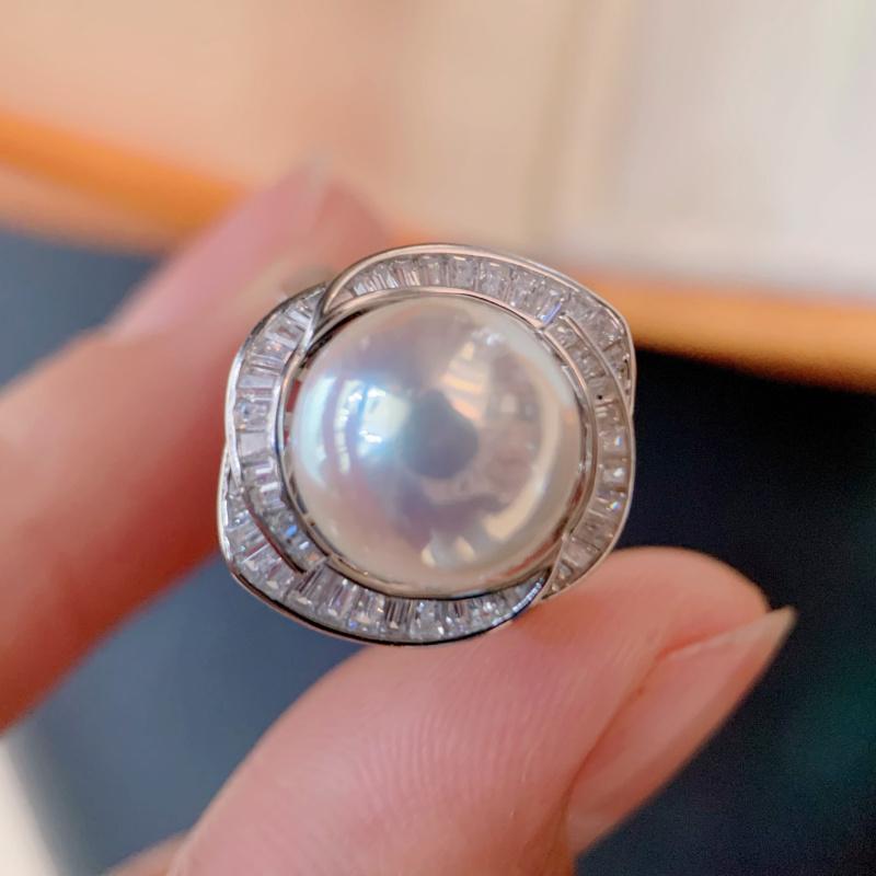 11-12mm Natural White Semiround Pearl Fashion Trendy Flower Ring 925 Silver Fine Wedding Jewelry for Women