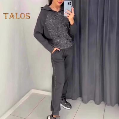 2 buc/set femei hanorac pantaloni costum strasuri decor cu mâneci lungi patchwork sport hanorac cu talie elastică pantaloni ținută fitness toamnă primăvară trening