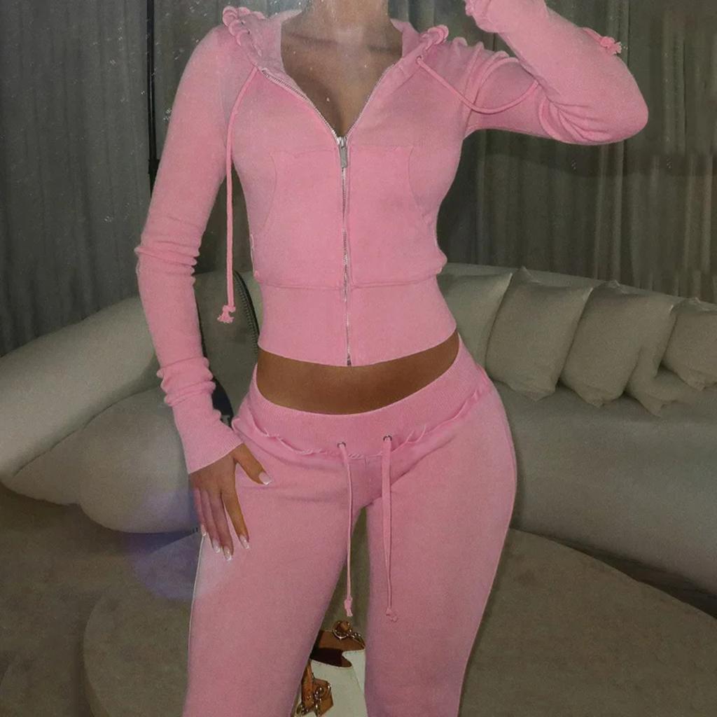 2KWEIRD Autumn Winter Casual Sports Solid Color Splicing Knit Hoodie 2 Piece Sets Woman Outfit Pantsuits