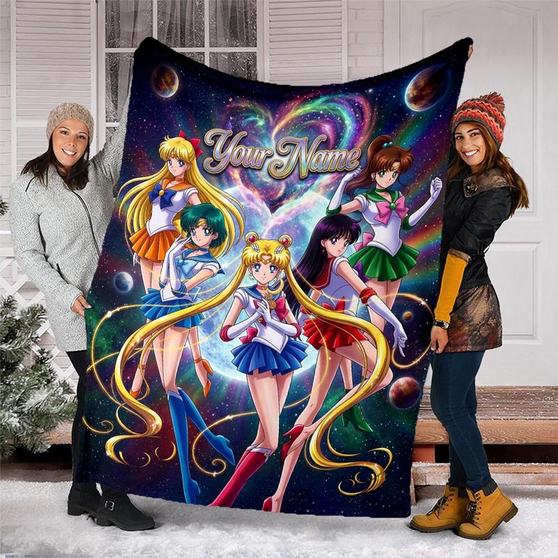 Custom Name Sailor Moon Flannel Fleece Blanket Cozy Warm Throw Blanket For Couch Bed Travel All Season Use