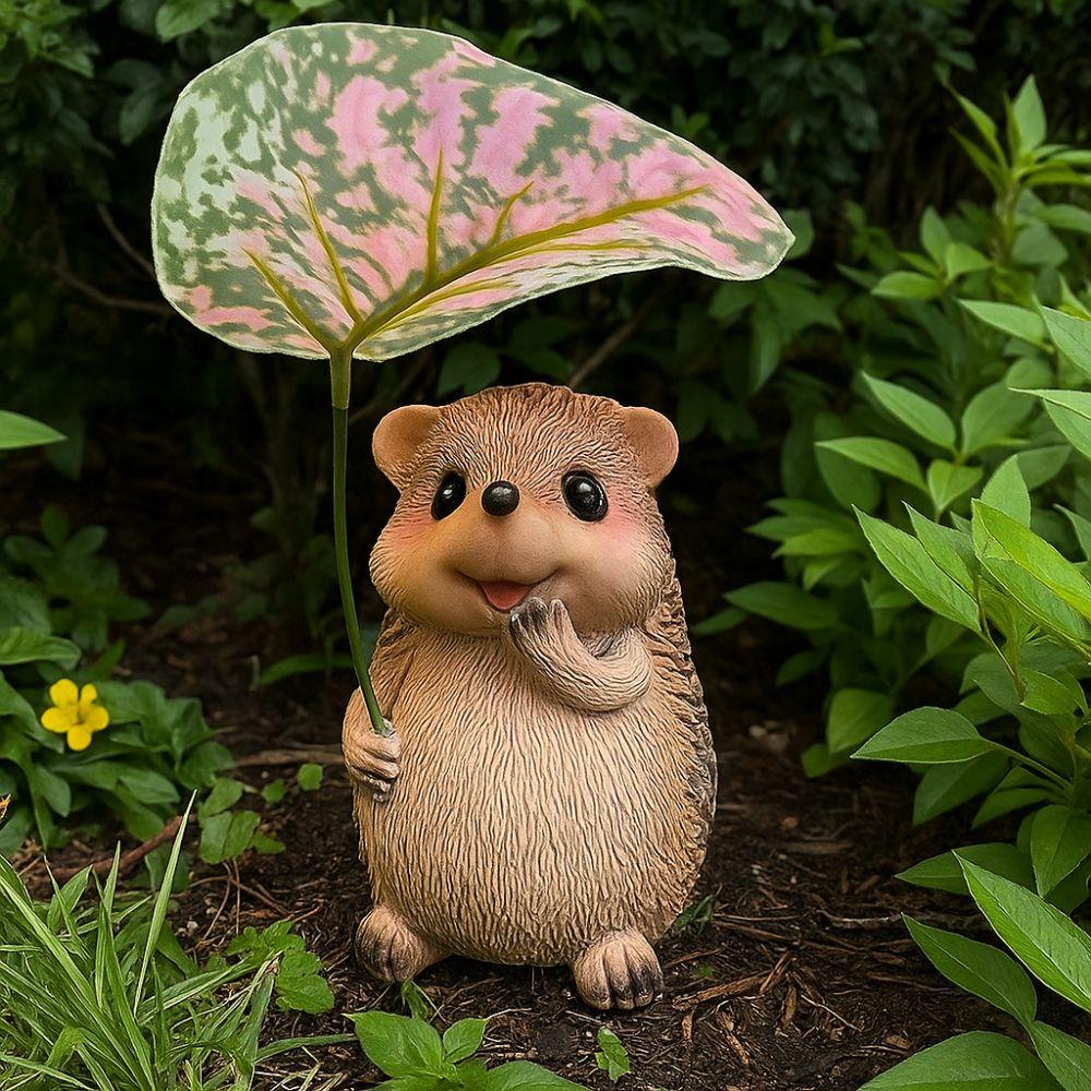 Weatherproof Leaf Umbrella Hedgehog Figurine Cute Small Hedgehog Sculpture Office Desk Decor