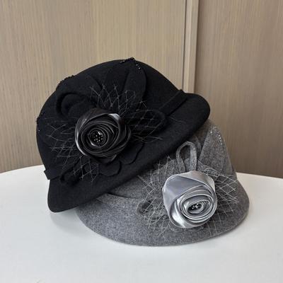 Hat Women'S Autumn And Winter New Three-Dimensional Flower Woolen Top Hat British Retro Beret Fashion Styling Stewardess Hat