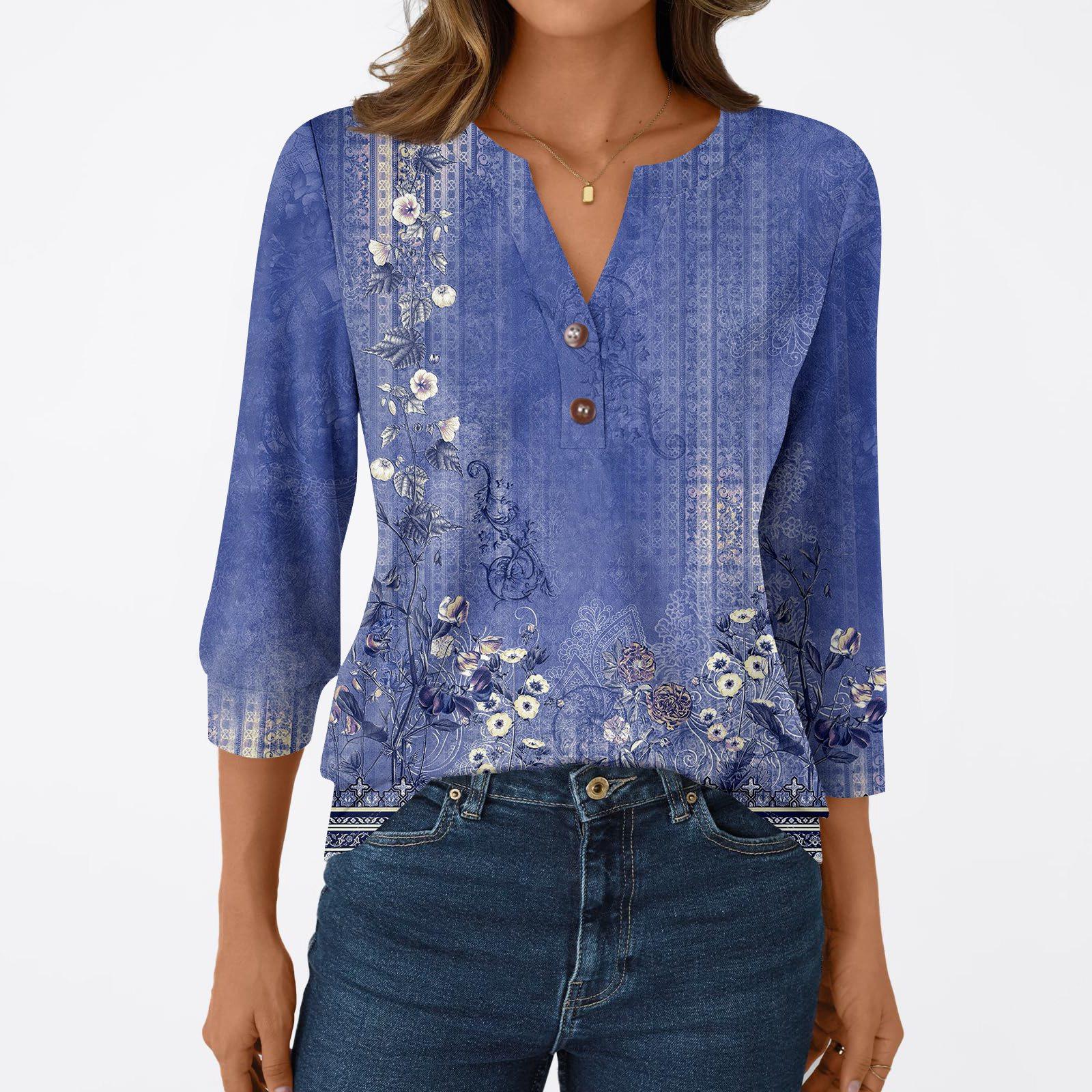 

Women s Fashion Casual 3/4 Sleeve T-Shirt Prints V-Neck Button Top S