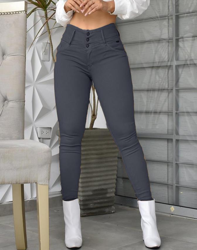 Mingxin clothing Dames Jeggings met Zakken - Skinny Fit Denim Look - Hoge Taille Stretch Aantrekbroek L donkergrijze kleur