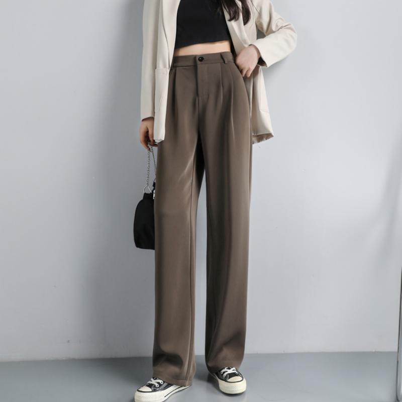 Fashion New Solid Straight Casual Wide Leg Pants Women Elegant Slim Fit High Waist Suit Pants Women Pockets Simple Office Ladies Trousers 25896