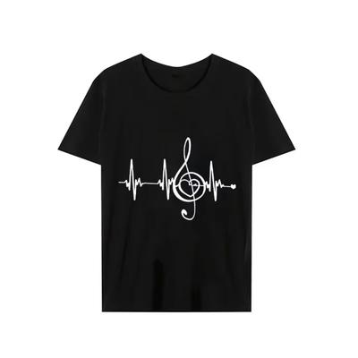 Erkek Siyah Gömlekler Kısa Kollu Tişörtler Büyük Boy Yaz Üstleri Müzik Notası Kalp Atışı Erkekler İçin Komik Tişörtler Tasarım Müzik Tişört Üstleri