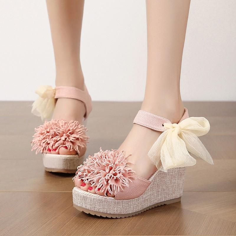 Fashion Sandals Women's Floral Pattern Bowknot Decor Platform Wedge Espadrilles Platform Bow High Heels Women's Slippers Shoes