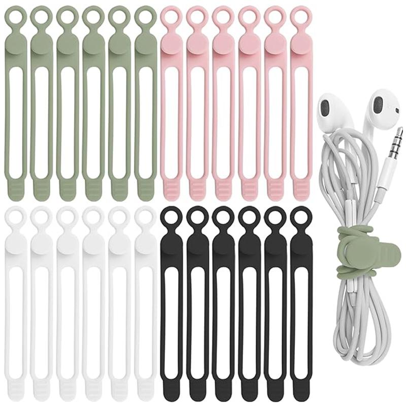 25pcs Color Cord Ties Silicone Cable Wire Ties Buckle Design Reusable Soft Data Cord Wraps For Earphone Wire USB Charging Cable