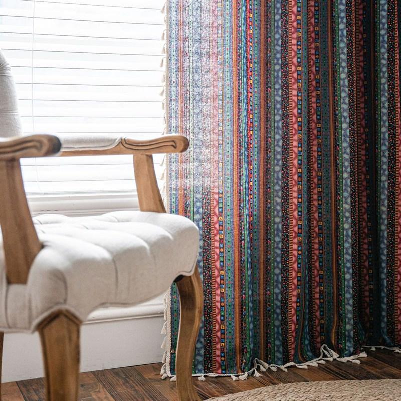 Cotton Linen Boho Rainbow Stripes Printing Curtain with Tassel Drape Blackout Valance Luxury Living Room Bedroom Curtains