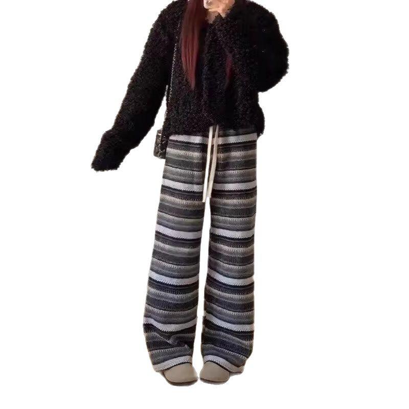 2025 Women's High Waist Retro Wool Striped Wide Leg Pants - Casual, Slimming, and Loose Fit