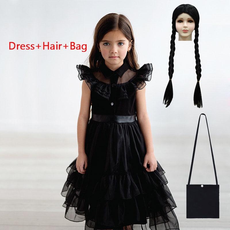 Fantaisie Mercredi Addams Famille Costume Filles Halloween Cosplay Robes Style Gothique Vestidos Enfants Robe Carnaval 3-9A 5T(Size 120) black