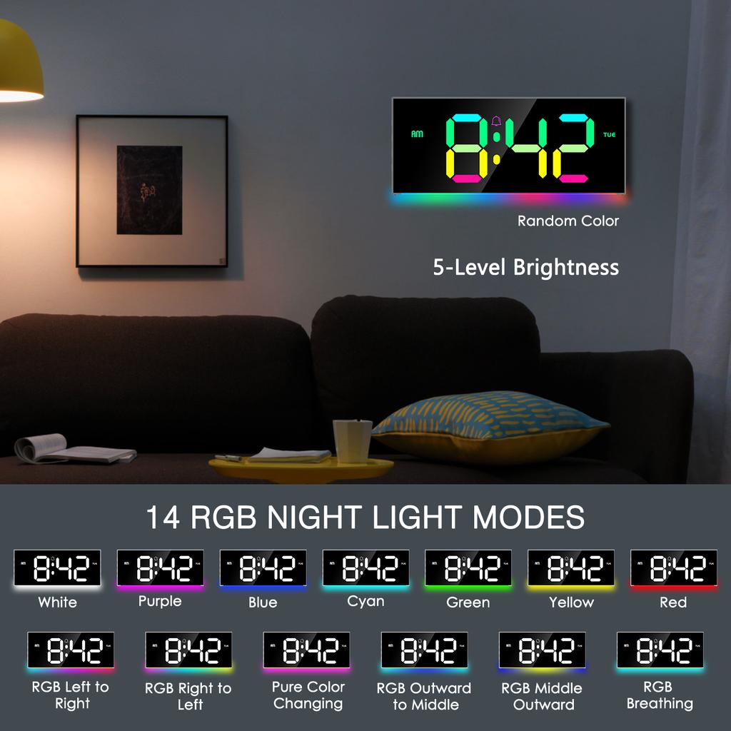ORIA Digital Wall Clock 12" Large Display RGB Colorful Alarm Clock with Remote Control for Living Room, Gym