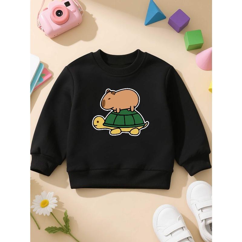 European sizes Kapibala And Turtle Animals children's crewneck sweatshirt, casual long-sleeve crewneck pullover with slightly stretchy fabric