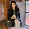 New Style In Early Spring for Handsome Women To Ride Motorcycles. Lightweight Rhombus Slim and Handsome Stand-up Collar Leather Jacket for Women.