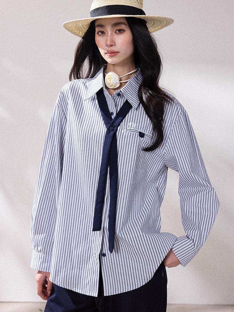 Shengdu Spring  26 Miu-Style Blue Striped Cotton Top with Detachable Tie Small (S)