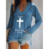 Casual Loose Women's Faith Print Long Sleeve V Neck T-Shirt, Fall Winter Religious Graphic Daily Top