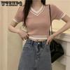 WTEMPO Dame V-hals Kortermet Stripete T-skjorter Dame Chic Vintage Sommer Ins Koreansk Strikket Slim Cropped Topper