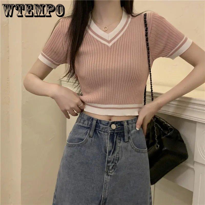 WTEMPO Dame V-hals Kortermet Stripete T-skjorter Dame Chic Vintage Sommer Ins Koreansk Strikket Slim Cropped Topper