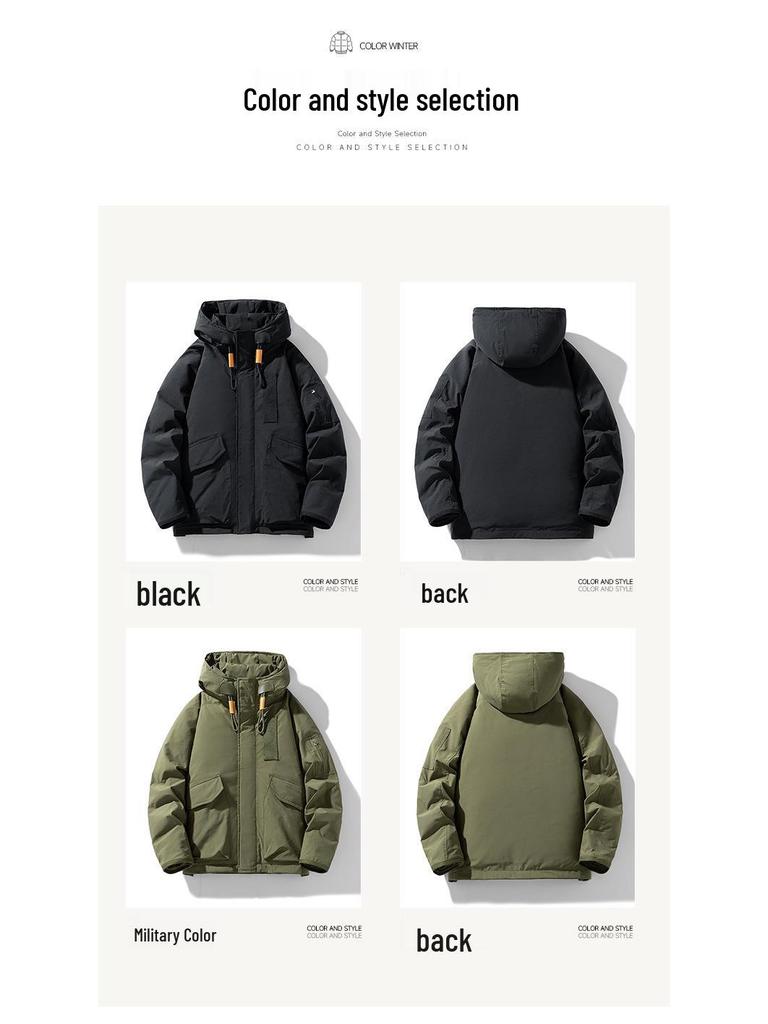 Men's Winter White Duck Down Jacket - Trendy, Loose Fit, Multi-Pocket Workwear Style