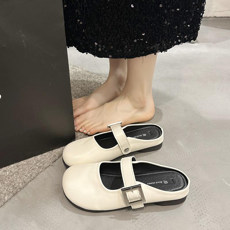 Half drag flat bottom bag head half slippers women's summer outer wear single shoes women's new niche beige