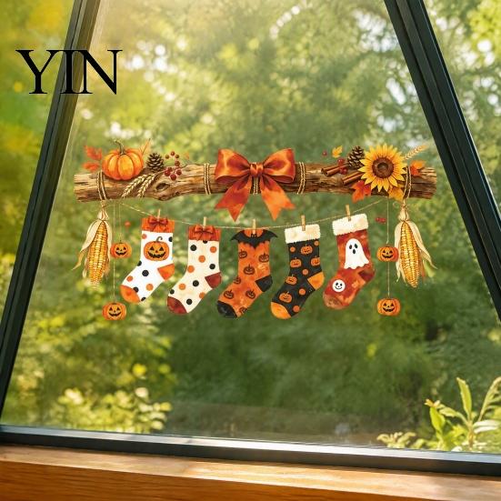 Fenstersticker Halloween Hängende Socken Aufkleber, Dekorative Zweige Kürbis Popcorn & Schleife für den Herbst Wasserdichte Aufkleber Erntedankfest