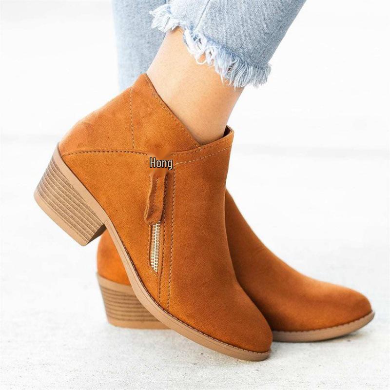 2022 New Plus Size Women's Side Zipper Martin Boots - Pointed Toe, Mid-Heel, Square Heel, Low-Top Design