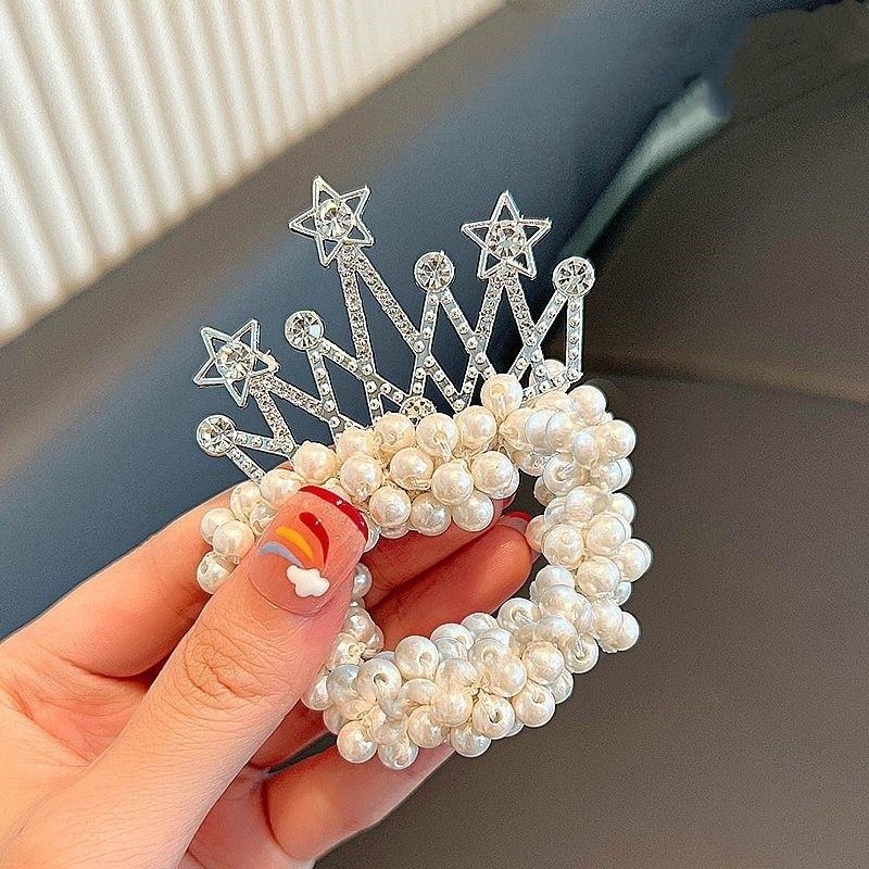 Baby Girls Fashion Pearl Crown Princess Hair Bands Elastic Rubber Bands Children Ball Hair Bun Ties Hair Styling Accessories
