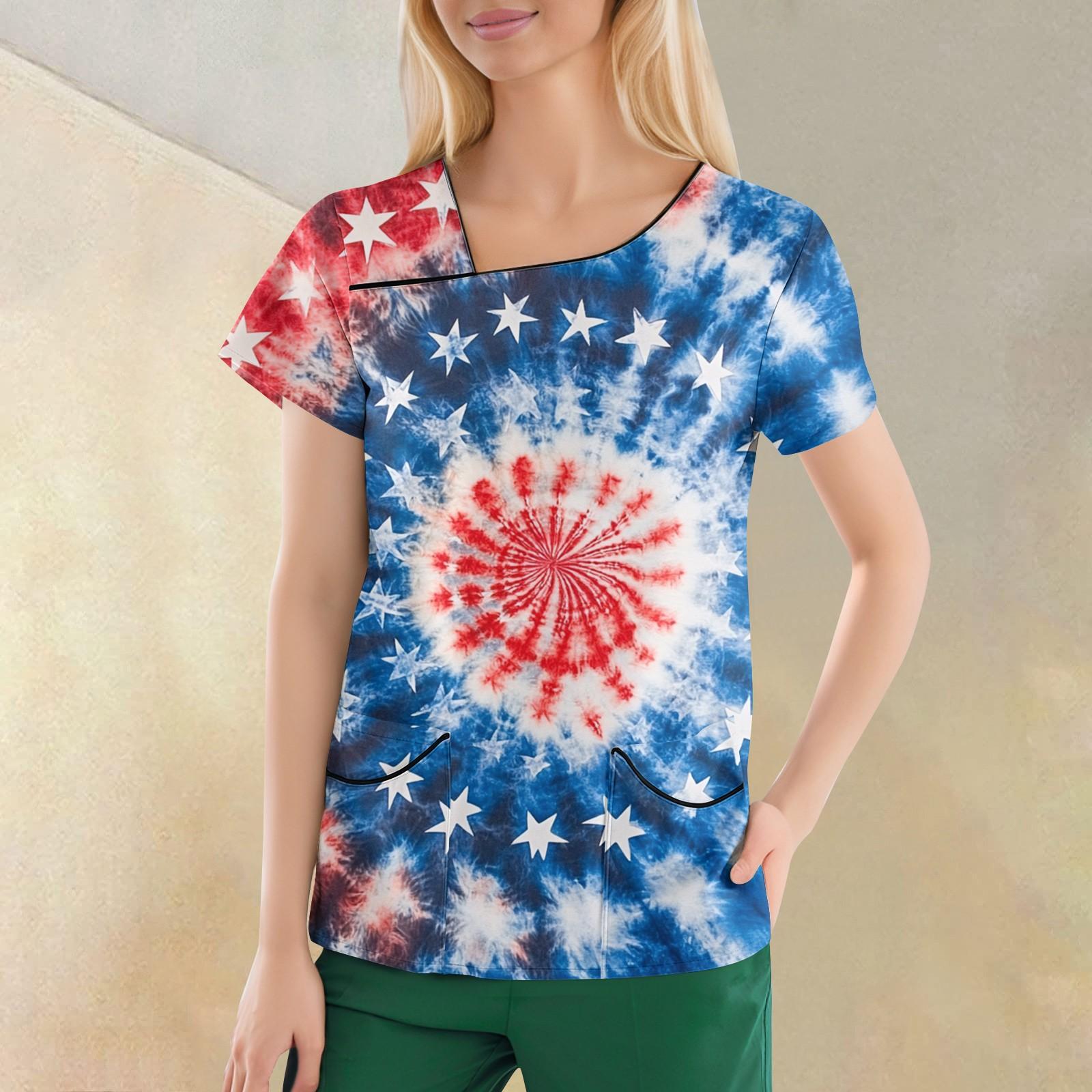 

Женская повседневная рабочая одежда с короткими рукавами и наклонным воротником с принтом и двойными карманами XXXL синий