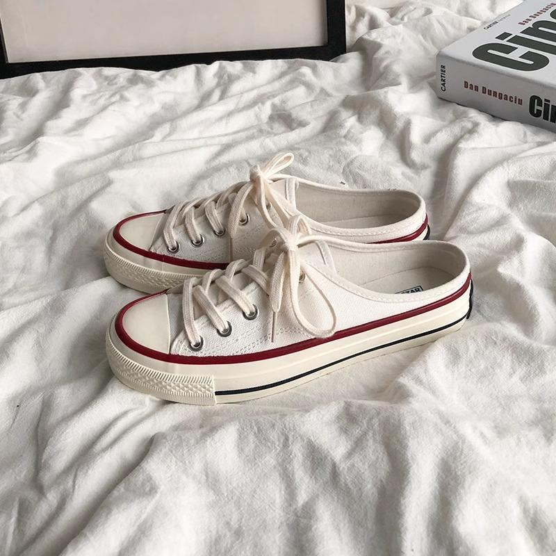 Platform canvas shoes half-drag women's shoes little white shoes women's 2025 spring new models without heels, half-stepping lazy shoes women