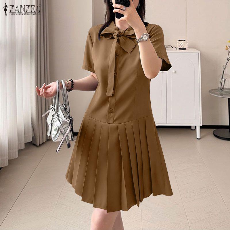 ZANZEA Kvinner Casual Turn Down Krage Sommer Kortermet Kjole