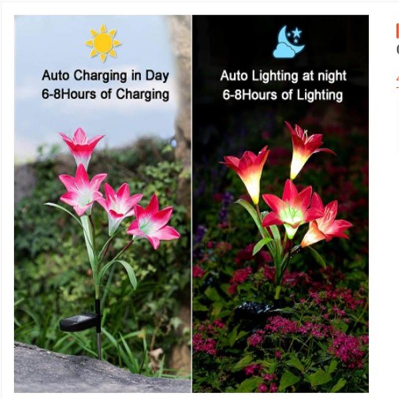 Outdoor Solar Lights With 4 Lily Flowers Ip65 Waterproof Adjustable For Garden Pathway Patio