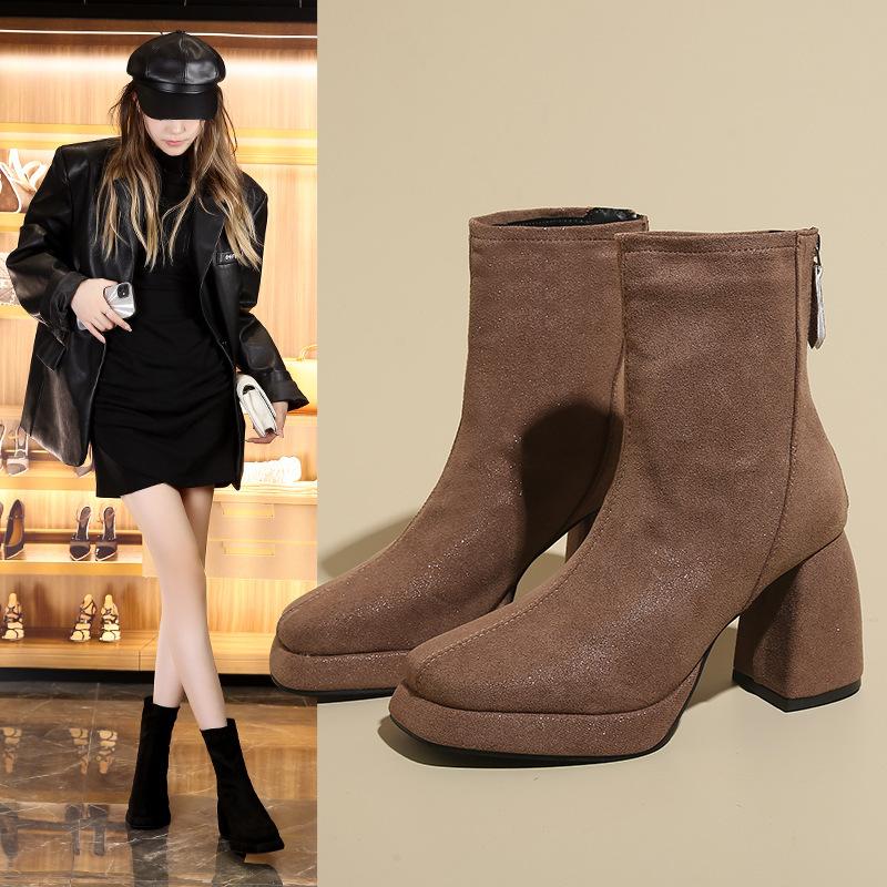 2025 autumn and winter new thick-soled high-heeled thick-heeled round-toed Martin boots children's European and American fashion after zipper women's