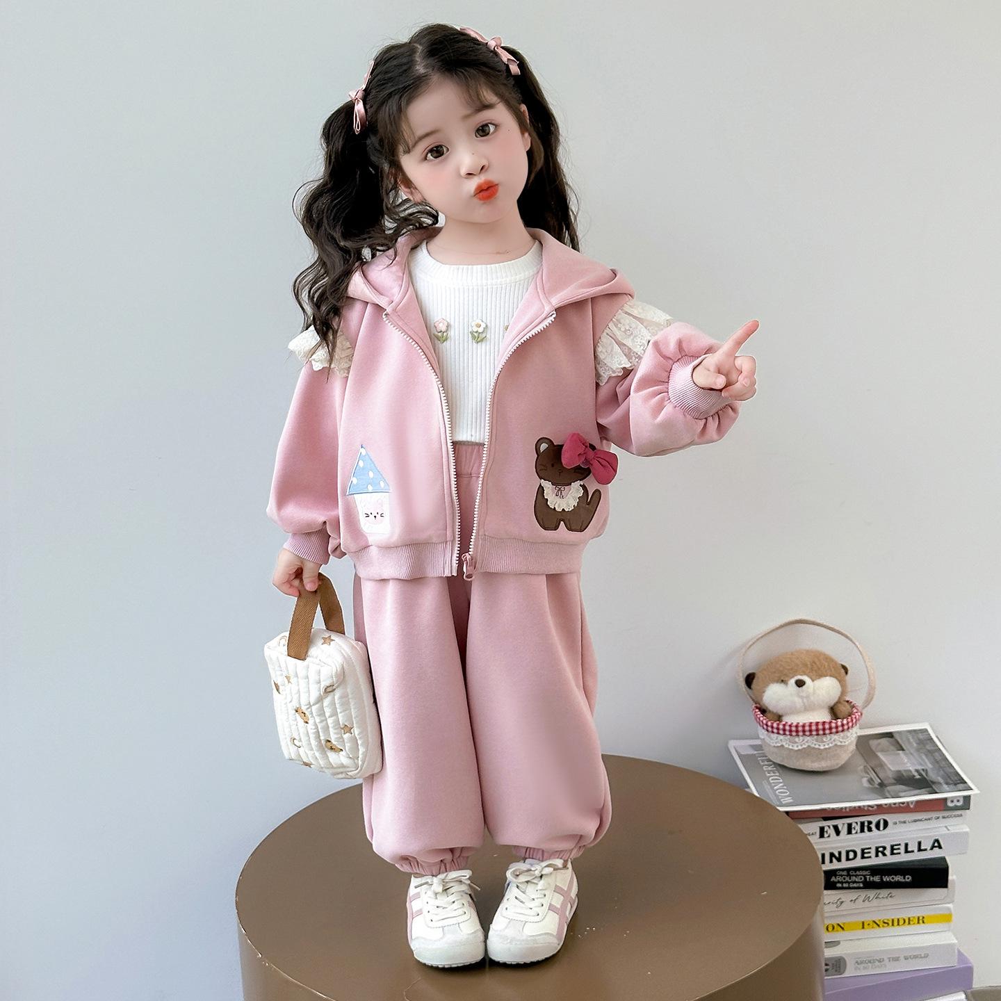 

Осень 2025 Свитшот с кружевом и кошкой для девочек, комплект из двух предметов: Стильный и Повседневный Наряд для Маленькой Девочки 120cm розовый