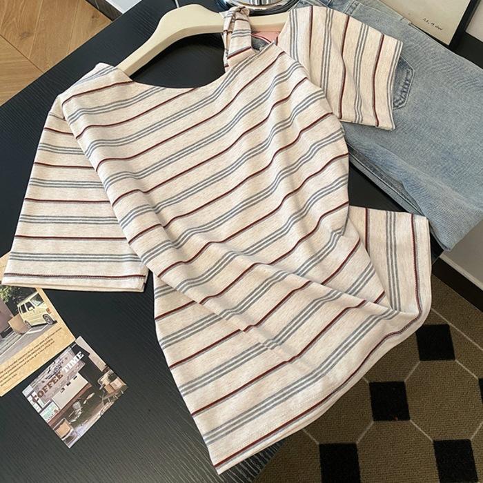 Korean small fresh and chic striped suspender slanted shoulder top women s summer new short-sleeved T-shirt design sense niche S