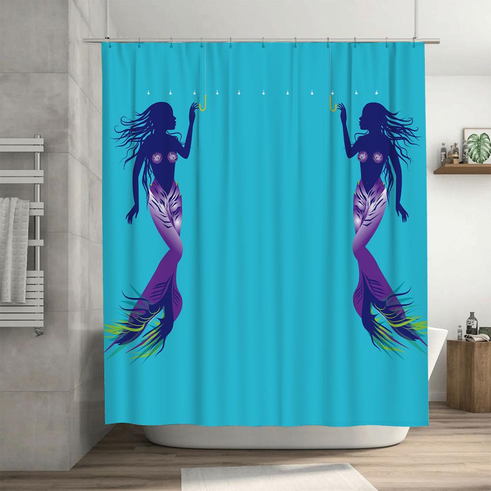 Modern Mermaid Shower Curtain Bright Blue Fabric With Unique Fish Tail Design For Bathroom Decorations