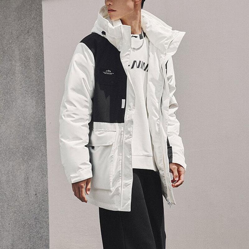 Li Ning Color Block Hooded Mid-Length Down Jacket Men Outerwear Off-White AYMT325-5