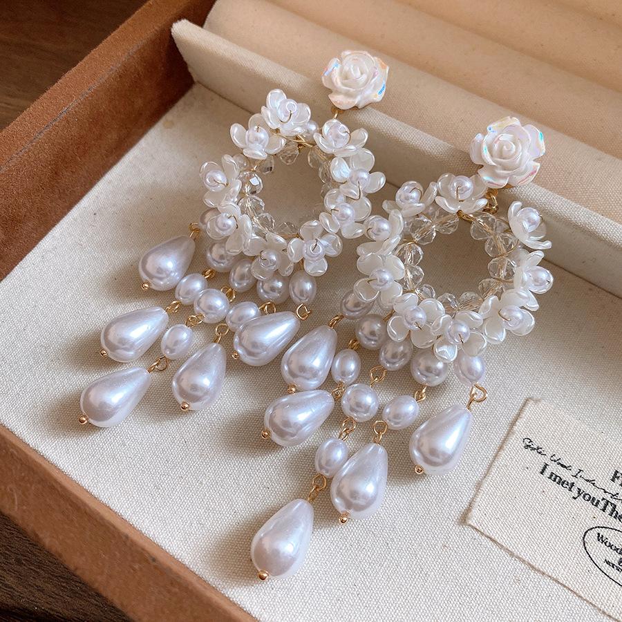 Retro Pearl Resin Flower Water Drop Earrings Exquisite Elegant Women Jewelry
