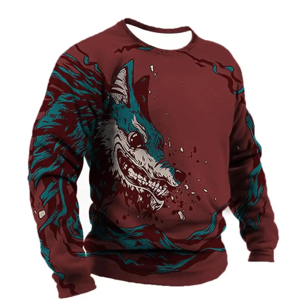 Men's Spring And Autumn Personality Retro Animal Wolf 3d Printed Round Neck Long Sleeve T-Shirt Casual Loose Breathable Jumper