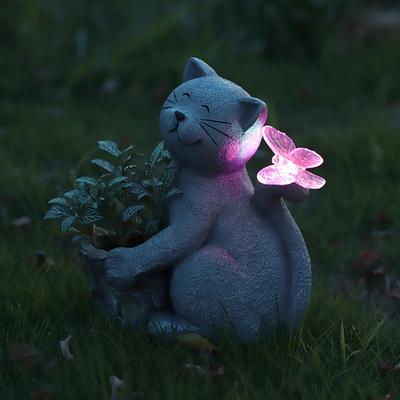 Solární kočičí umělecký květináč kreativní koťátko sukulentní květináč se světlem kočka motýl květináč socha nádvoří dekorace