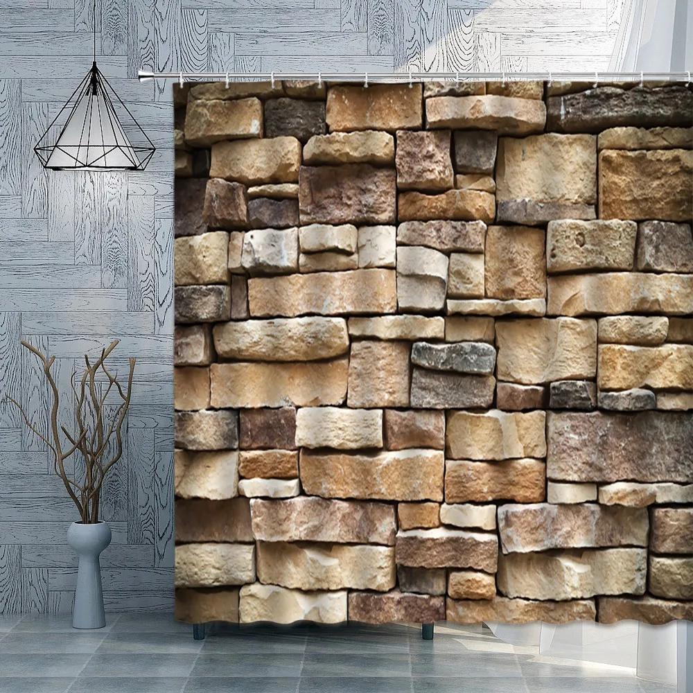 Brick Stone Wall Shower Curtain Vintage American Country Retro Printing Pattern Garden Background Screens Custom Bathroom Decor