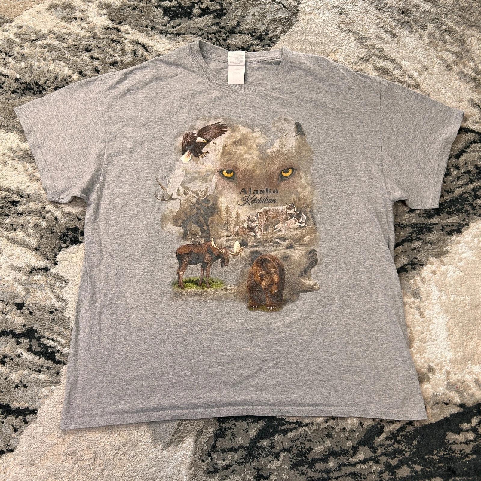 Vintage Y2K Nature T Shirt Mens XL Heathered Gray Alaska Ketchikan Graphic Wolf 2XL