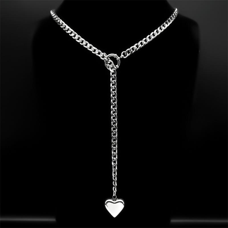 Heart Star O-ring Long Chain Necklace For Women Men Punk Rock Stainless Steel Adjustable Y-Necklace