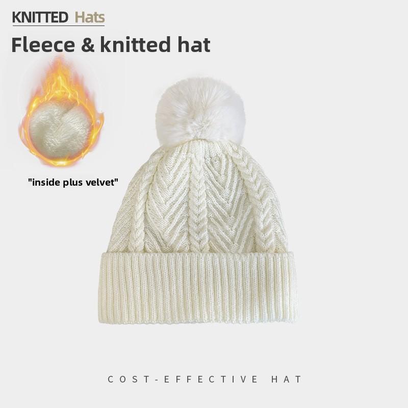 Knitted Winter Hat For Women With Solid Color Design And Plush Ball Decoration