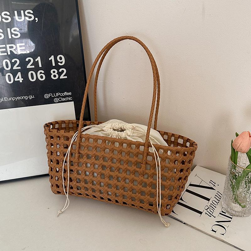 

Woven Style Underarm Shoulder Basket Bag Set For Women 2-IN-1 PVC Hollow-out Pure Color Summer Beach Tote Bags 2026 New Handbags 36x16x12cm хаки