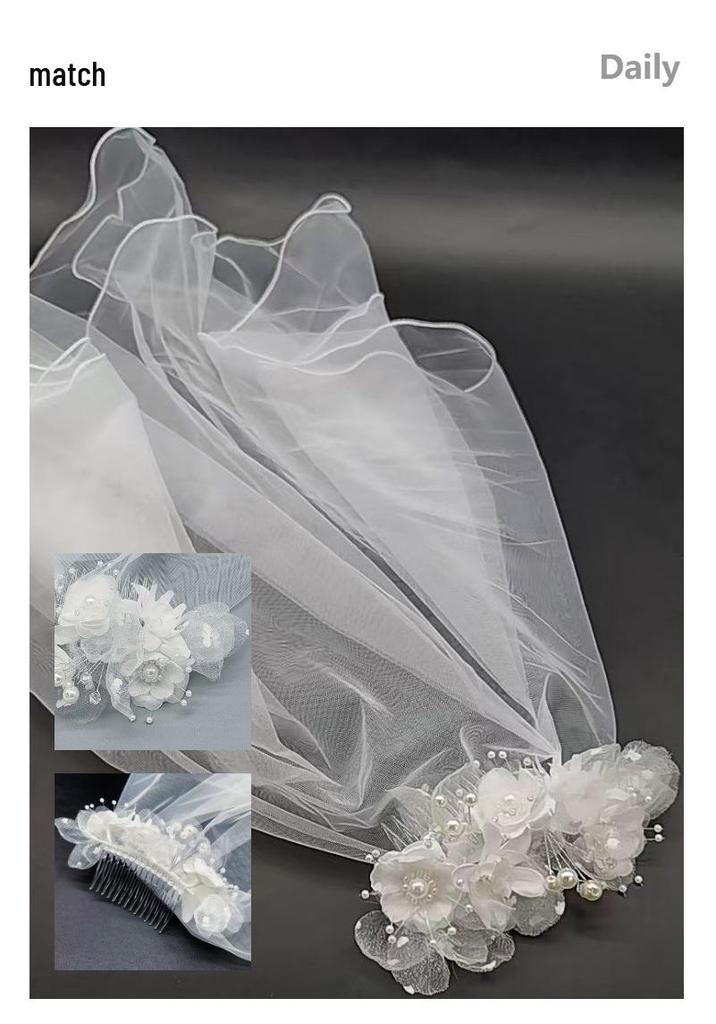 White Pearl Double Layer Veil Hair Comb - Bridal Party Flower Headdress
