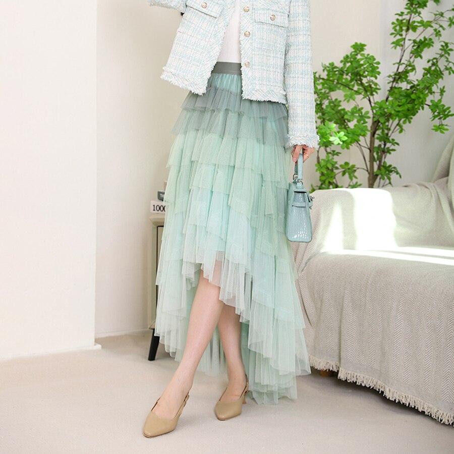 Qooth Fustă lungă din plasă cu tort pufos în gradient, vintage, cu talie elastică, rochie de bal din tifon tul pentru vară QT2222