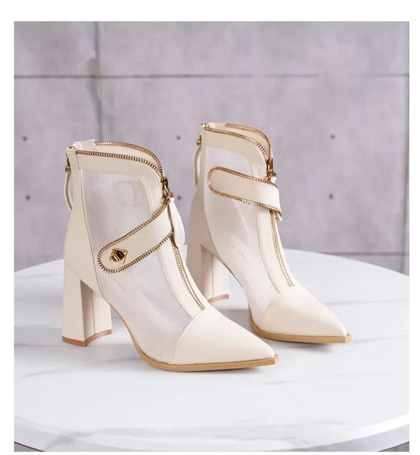 Women's Sandal Boots Pointed Toe Zipper Square Heel Mesh Upper Women Shoes Dress Fashion Mature Breathable Zapatillas De Mujer