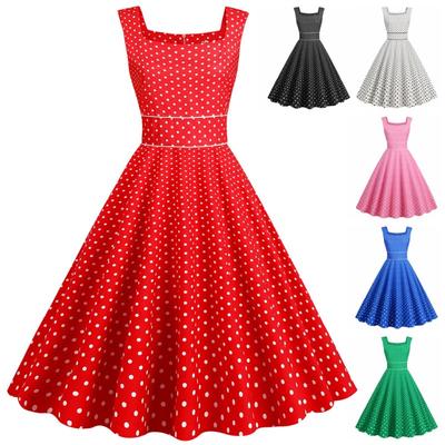 Retro Source SS Temperament Square Neck Vest Sleeveless Waist Polka Dot Swing Skirt